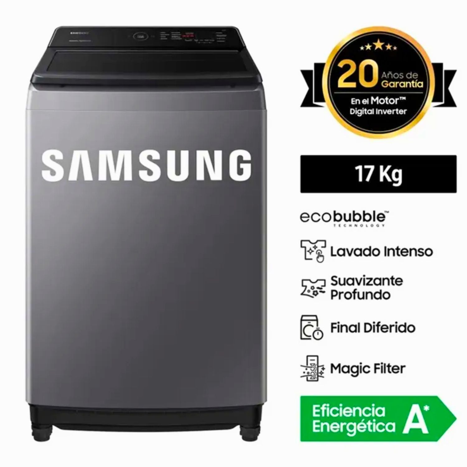 LAVADORA SAMSUNG ECOBUBBLE 17KG  WA40F17E7CPE   Grafito - 1