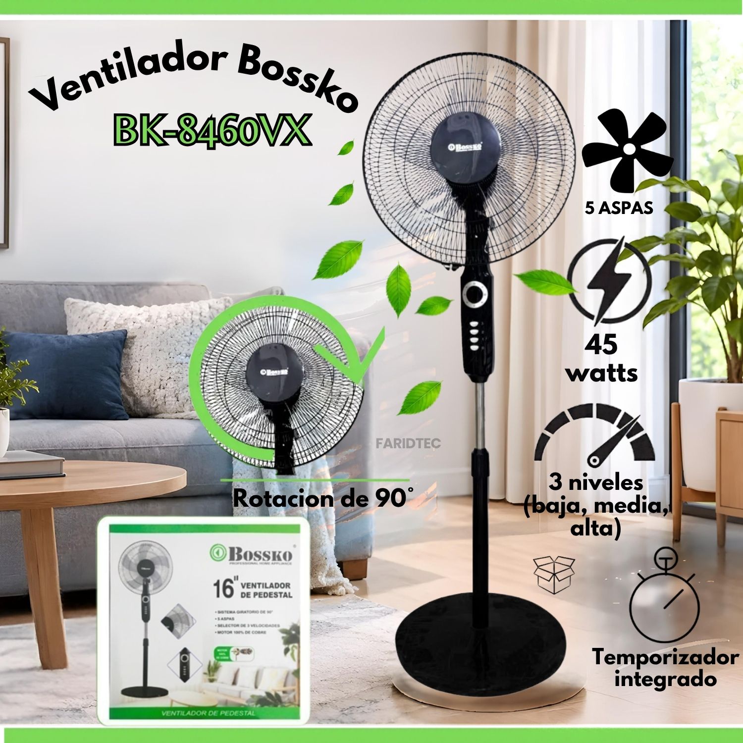 VENTILADOR DE PEDESTAL BOSSKO BK-8460VX DE 16 PULGADAS 3 VELOCIDADES - 1
