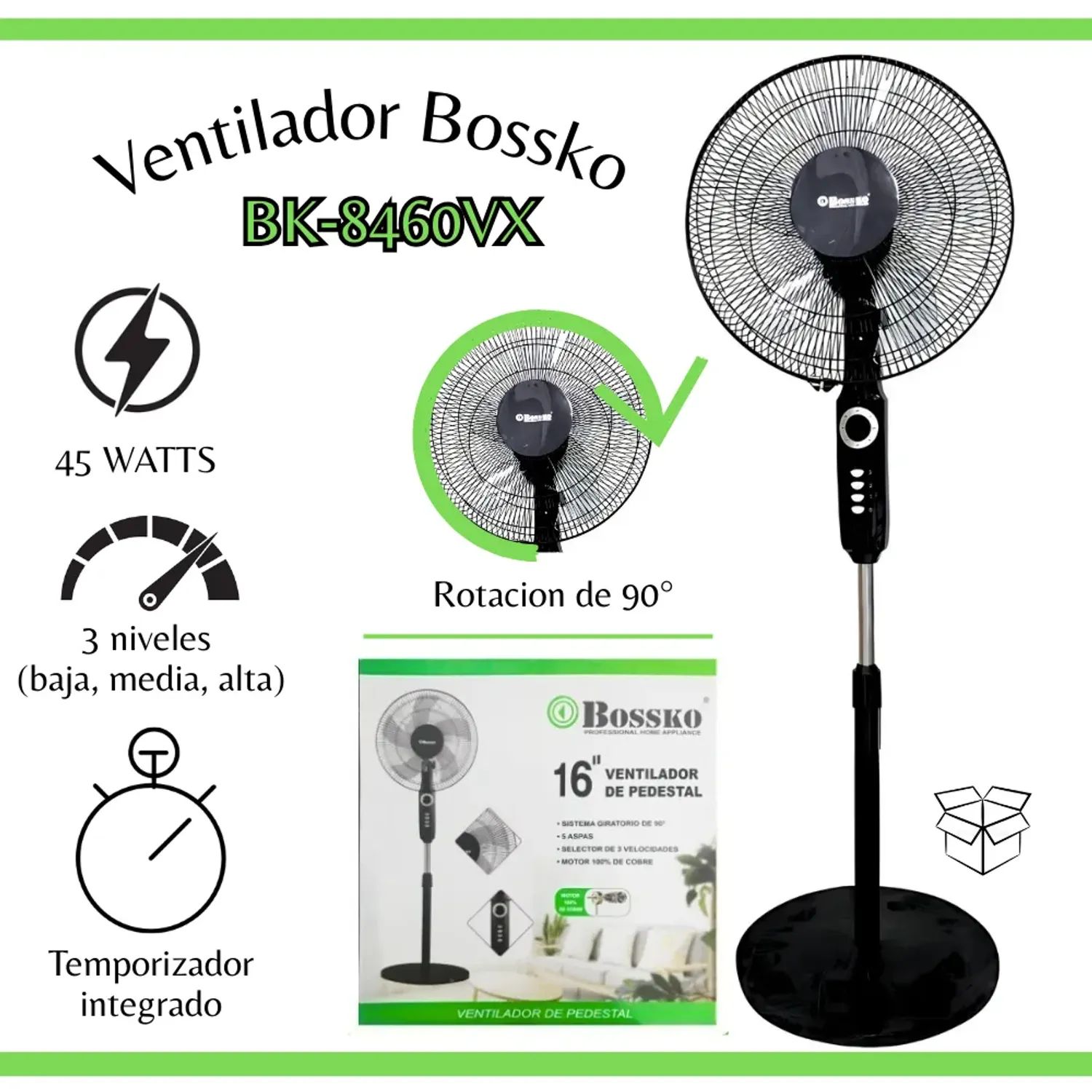 VENTILADOR DE PEDESTAL BOSSKO BK-8460VX DE 16 PULGADAS 3 VELOCIDADES - 5