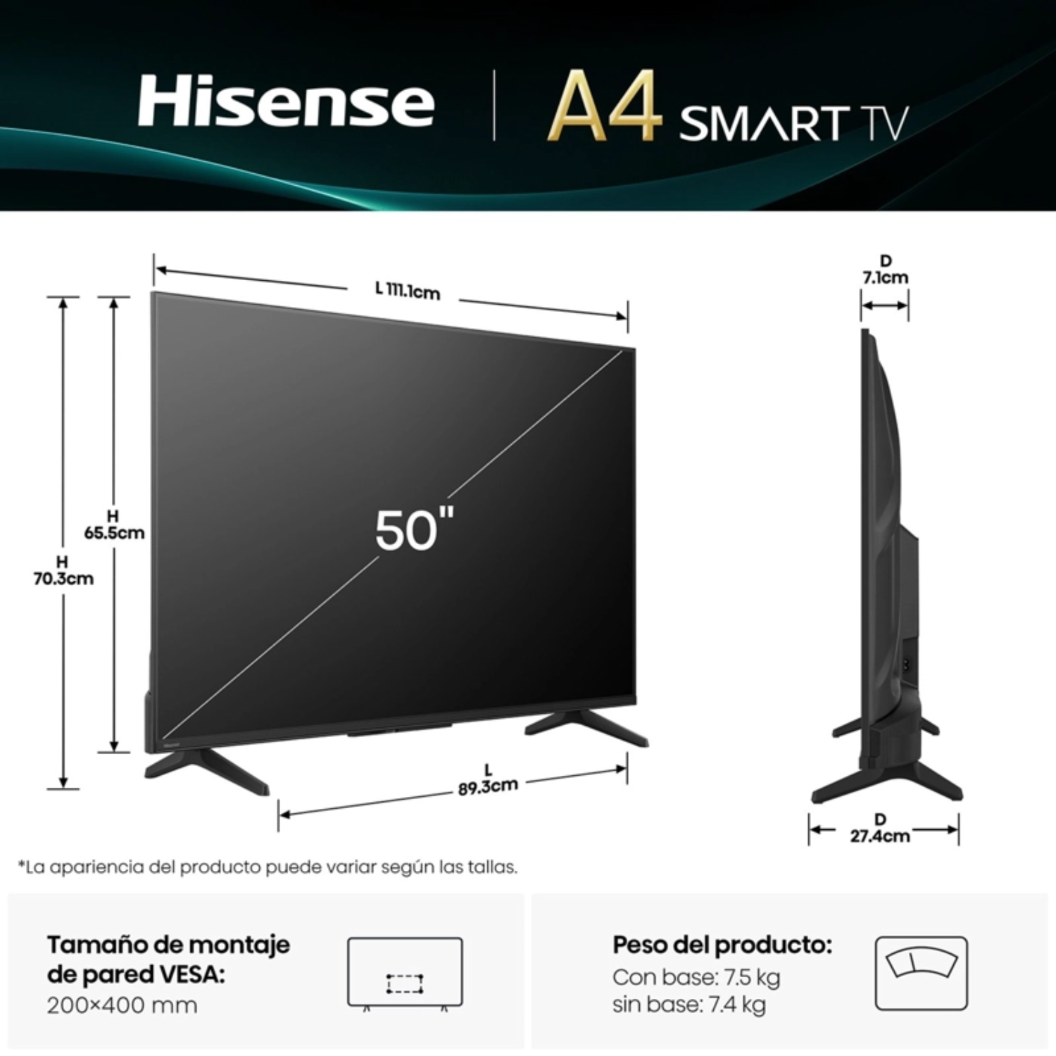 TELEVISOR SMART TV HISENSE FULL HD 50” 50A4NV - 2