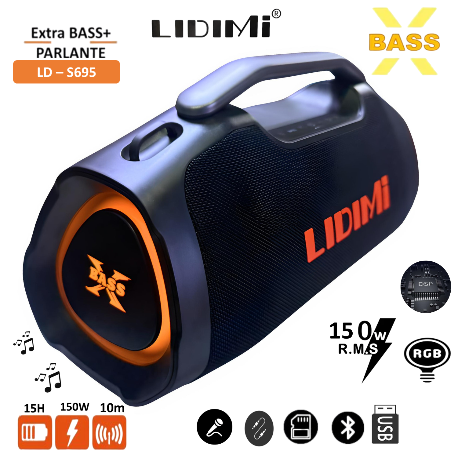 PARLANTE PORTÁTIL SUPER LIDIMI LD-S695 BT USB AUX TWS 150W LED  NEGRO - 1