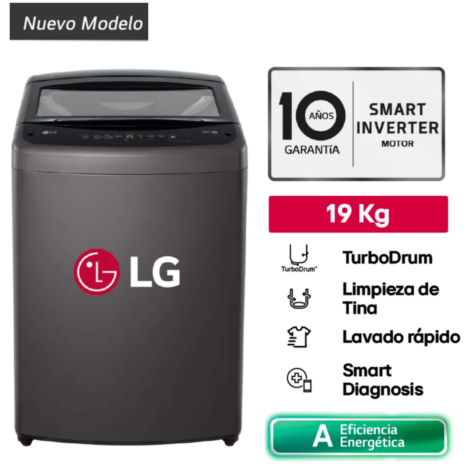 LAVADORA LG CARGA SUPERIOR 19 KG WT19BVTB TURBODRUM NEGRO CLARO - 1