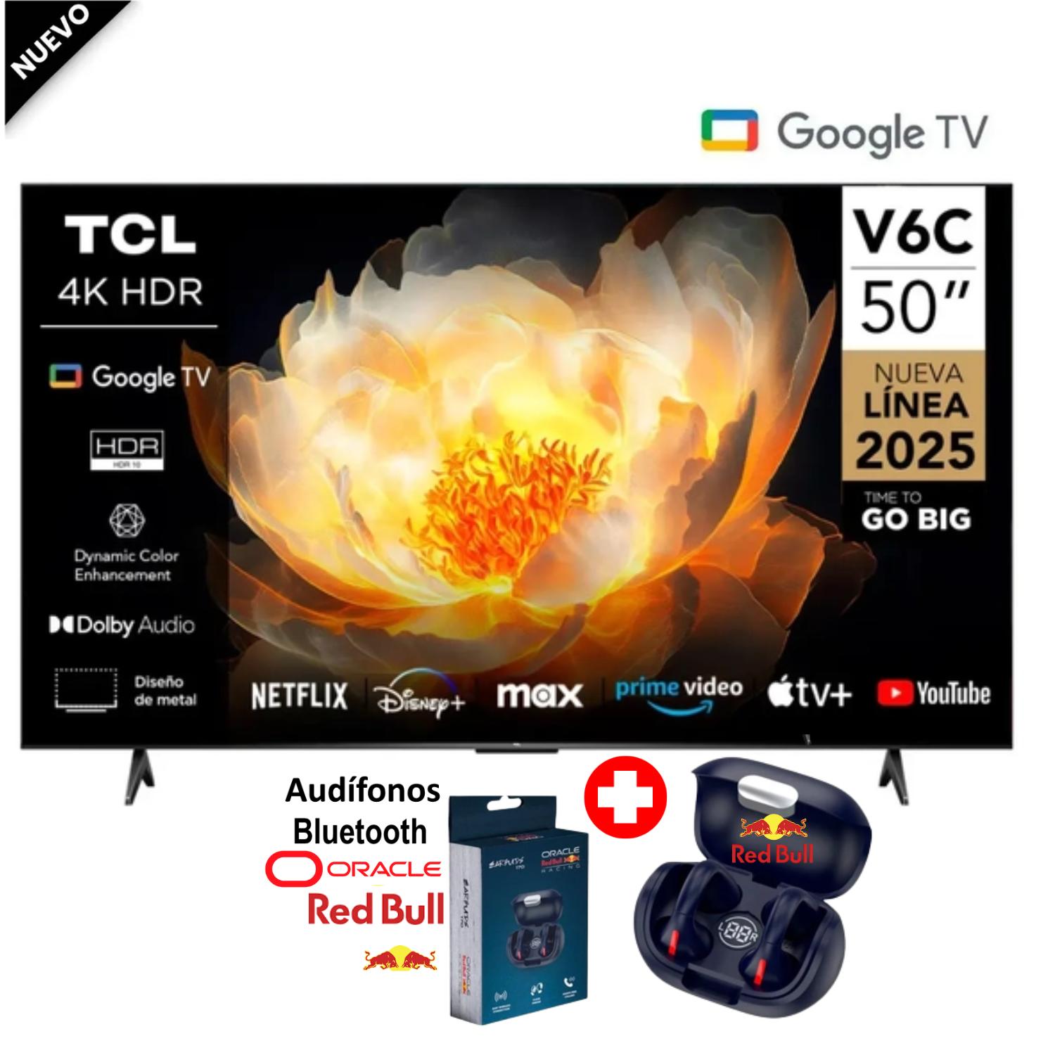 TELEVISOR TCL 50 PULGADAS SMART TV UHD 4K GOOGLE TV 50V6C + AUDIFONOS ORACLE REDBULL EB 170 - 1