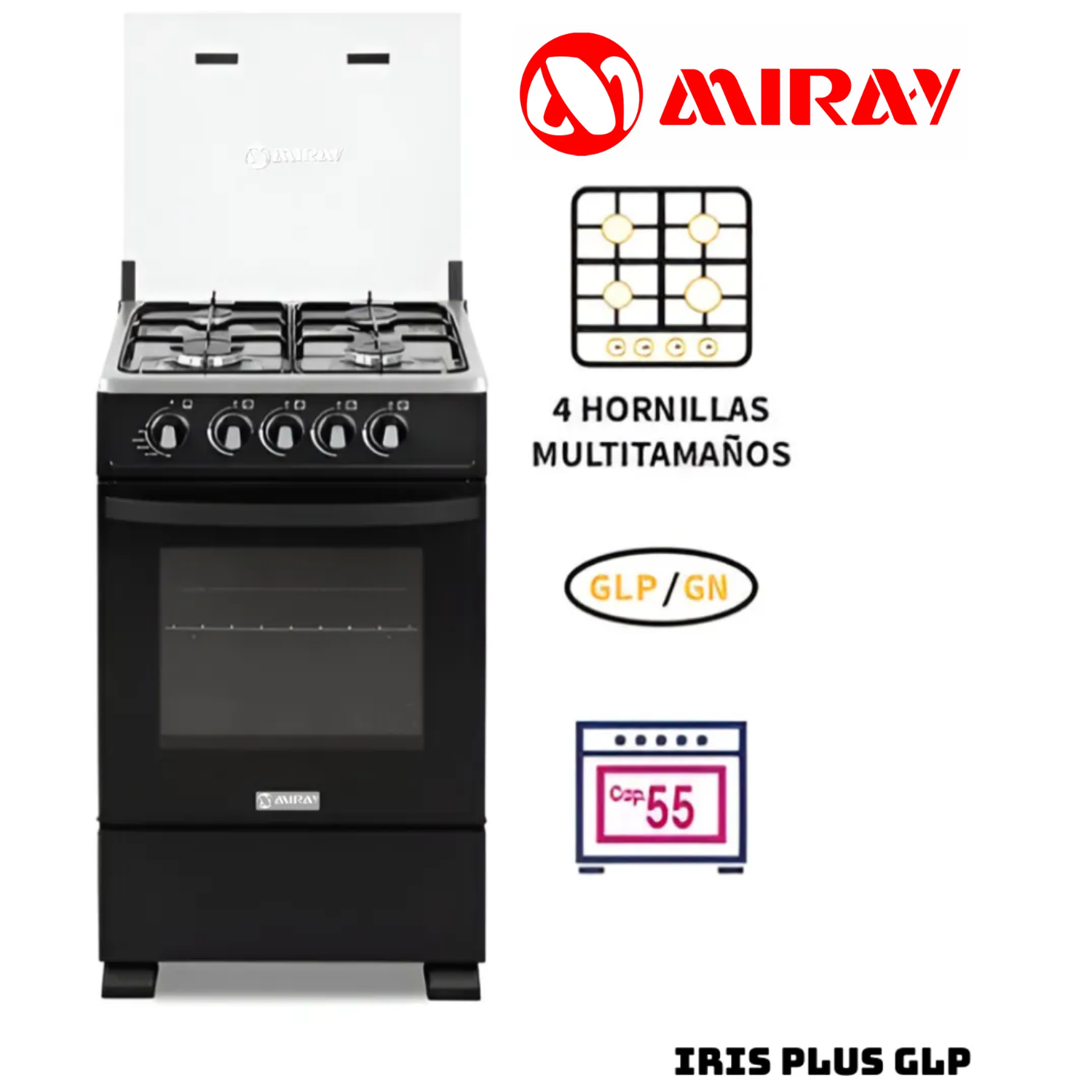 COCINA DE PIE MIRAY A GAS 4 HORNILLAS NEGRO - IRIS PLUS GLP - 1