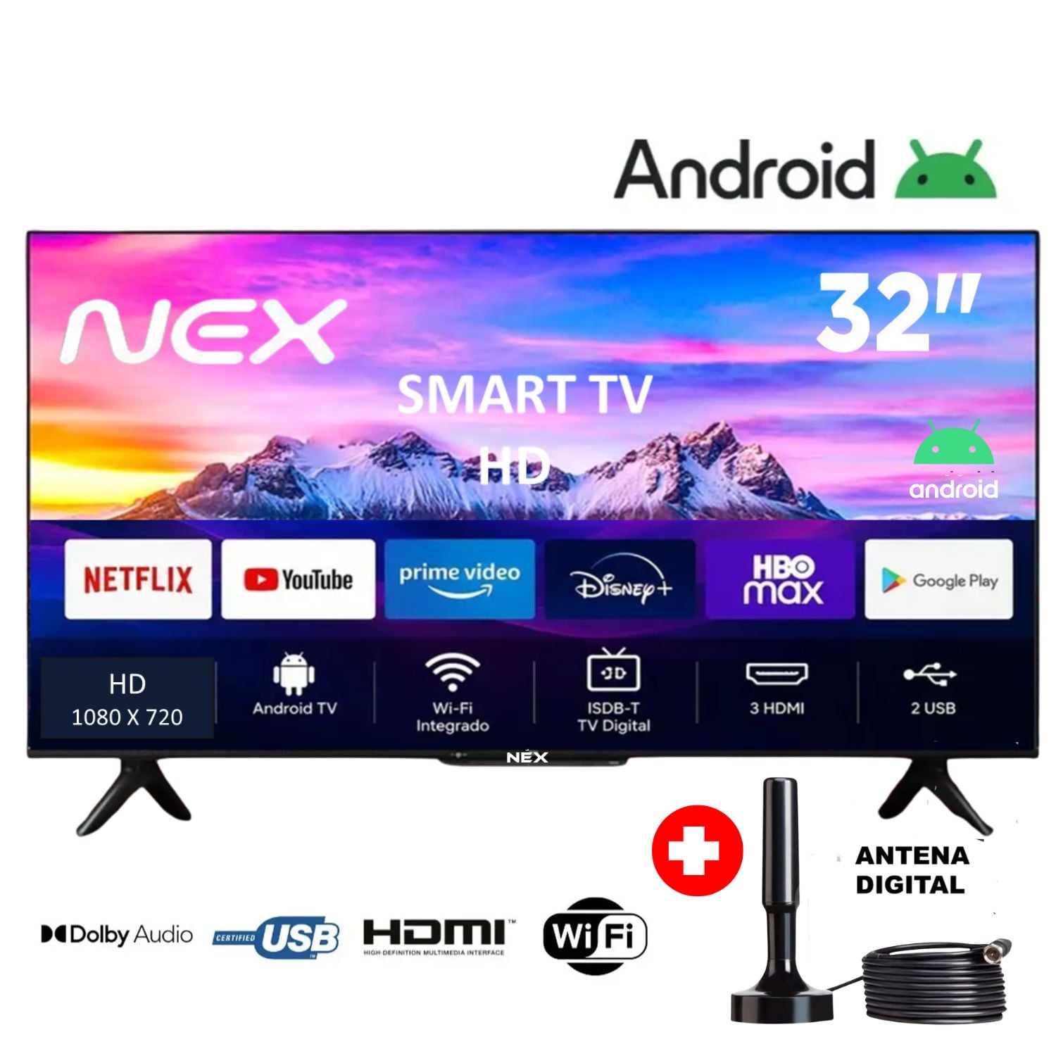TELEVISOR NEX 32' HD SMART TV ANDROID 14 TVLED32S + ANTENA DIGITAL - 1