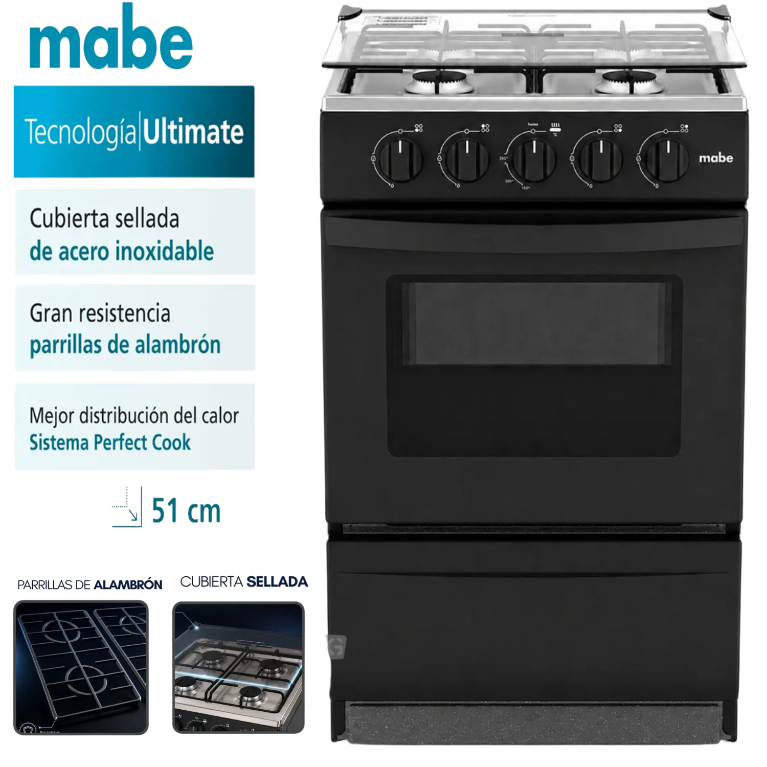 COCINA DE PIE A GAS MABE 4 HORNILLAS EMP2000AN0 NEGRO - 1