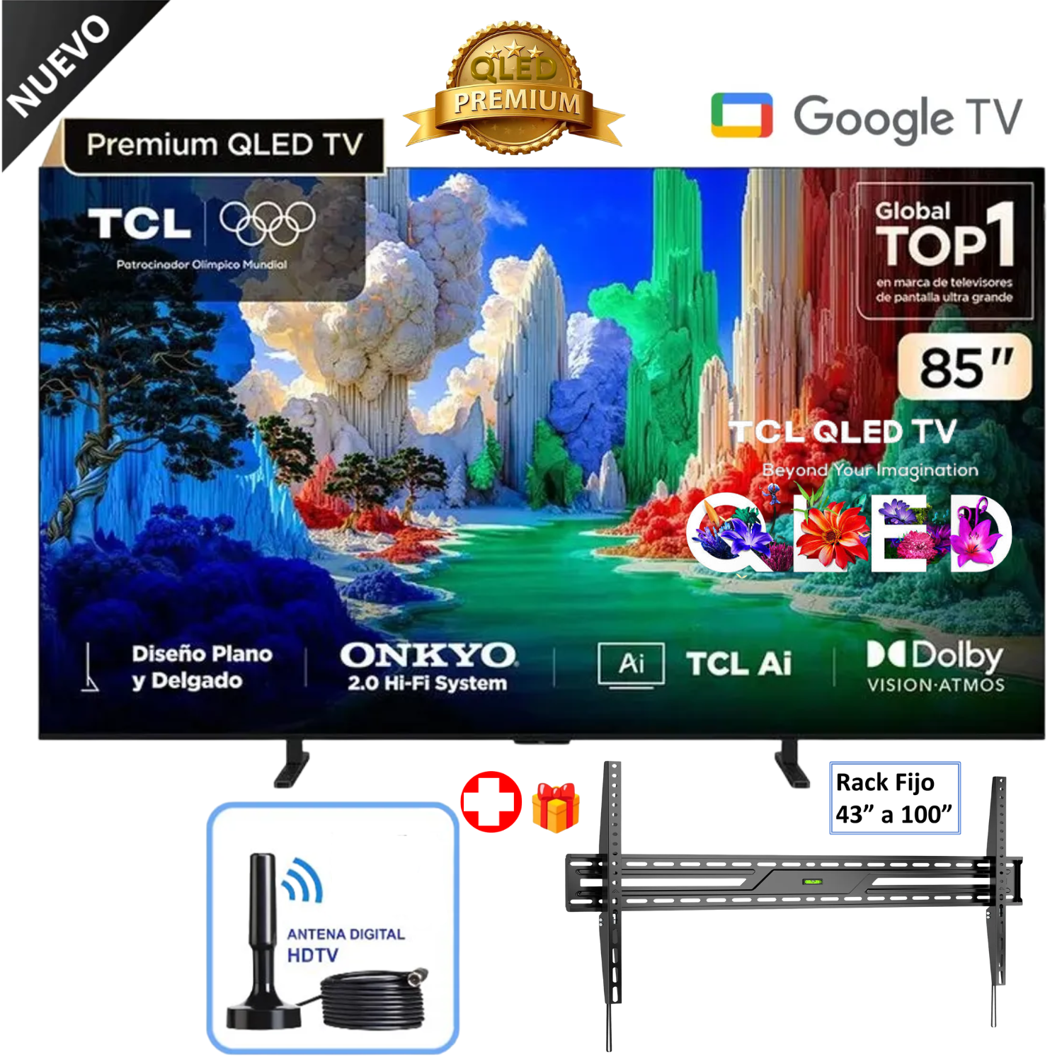 TELEVISOR TCL 85 PULGADAS PREMIUM QLED MANOS LIBRES UHD 4K GOOGLE TV 85A400 + RACK FIJO - 1