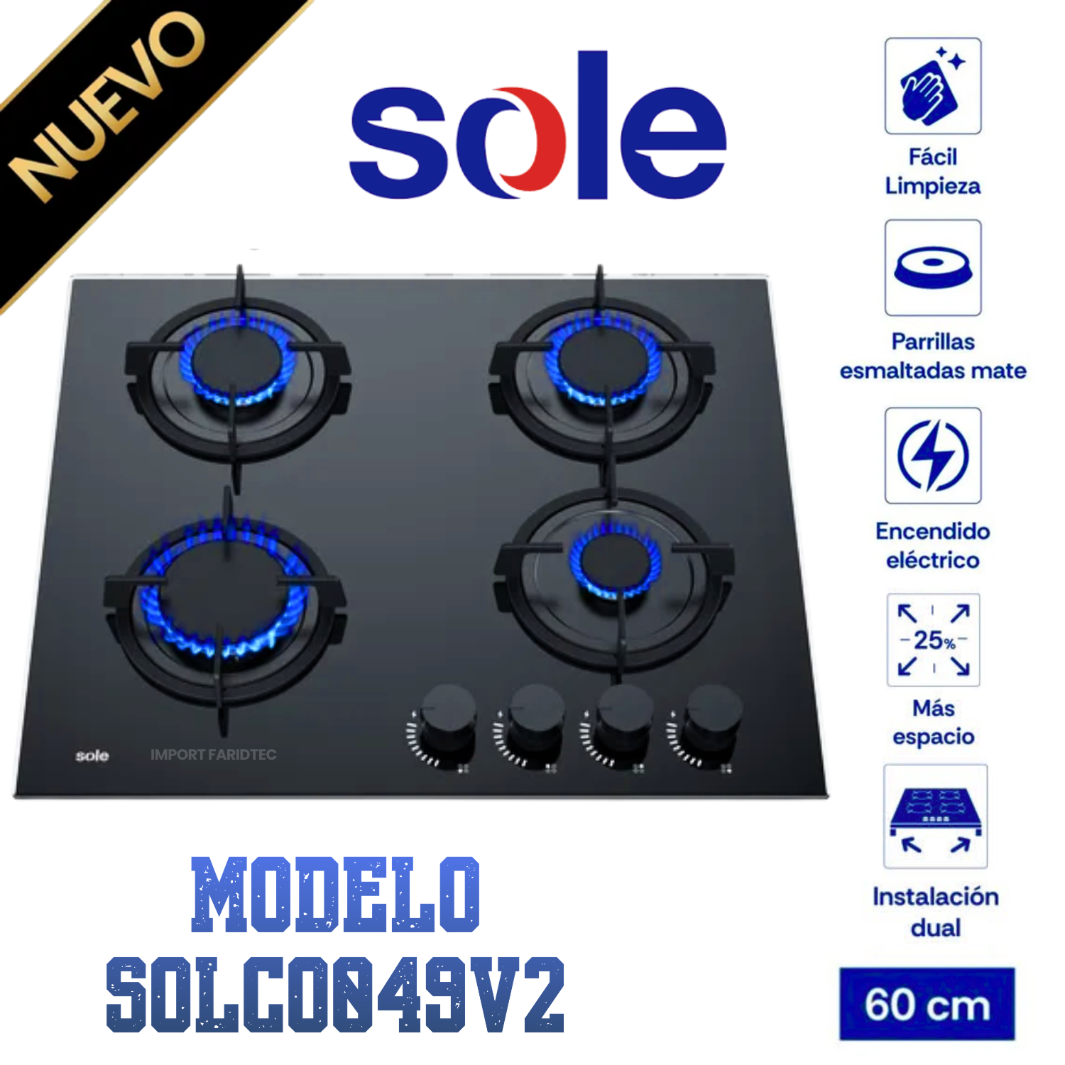 COCINA A GAS EMPOTRABLE VIDRIO TEMPLADO SOLE A GAS 60CM SOLCO049V2 4 HORNILLAS - 1