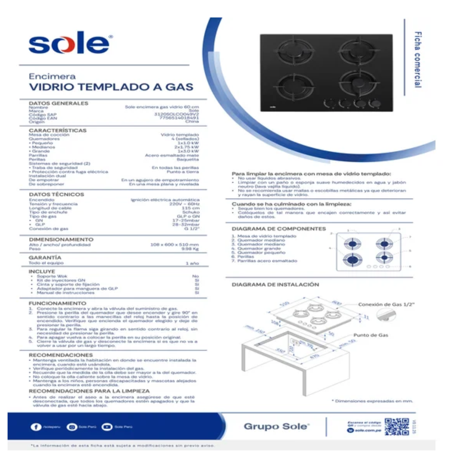 COCINA A GAS EMPOTRABLE VIDRIO TEMPLADO SOLE A GAS 60CM SOLCO049V2 4 HORNILLAS - 8