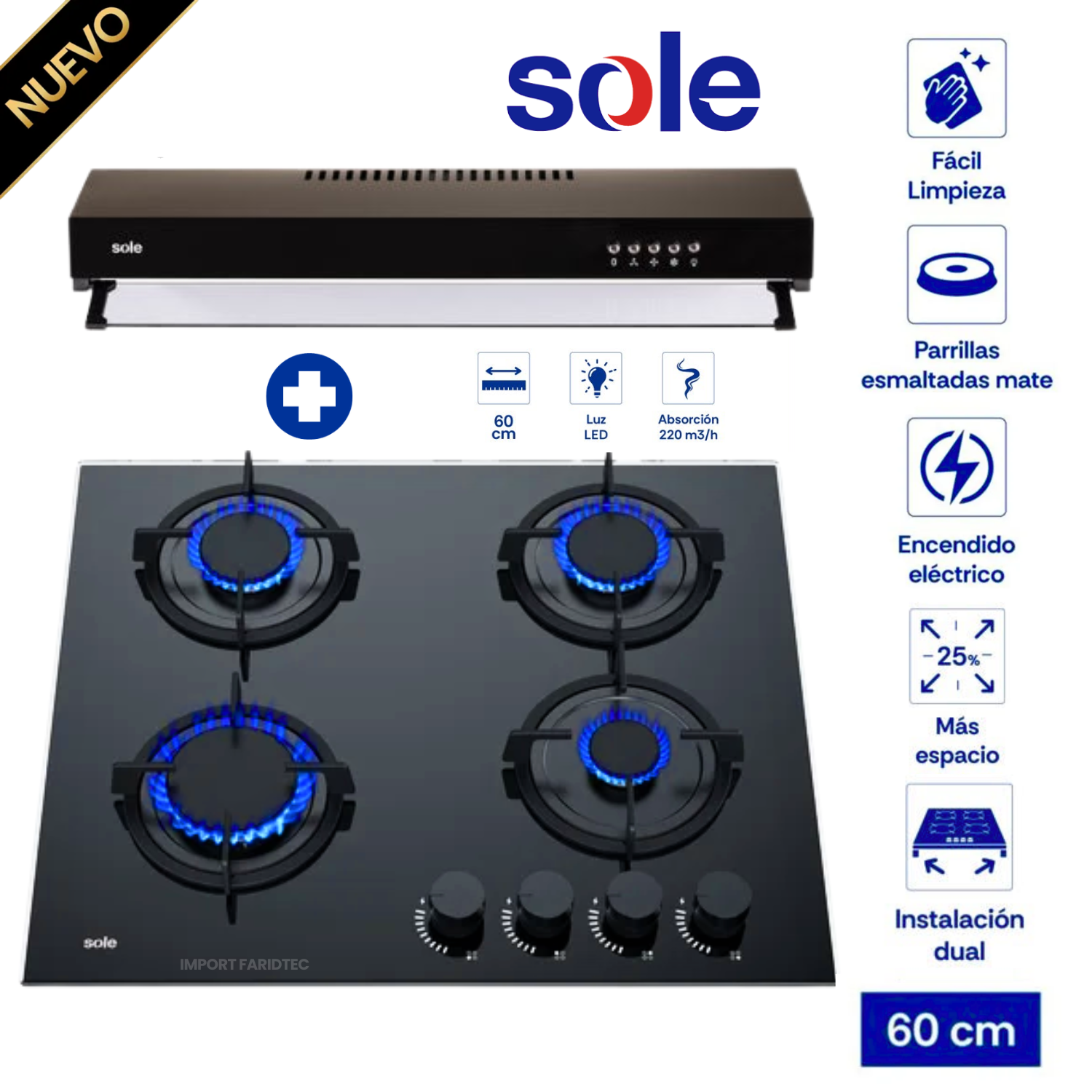 COMBO SOLE: COCINA EMPOTRABLE SOLCO049V2 4 HORNILLAS + CAMPANA EXTRACTORA 60CM NYX ACERO INOXIDABLE NEGRO - 1