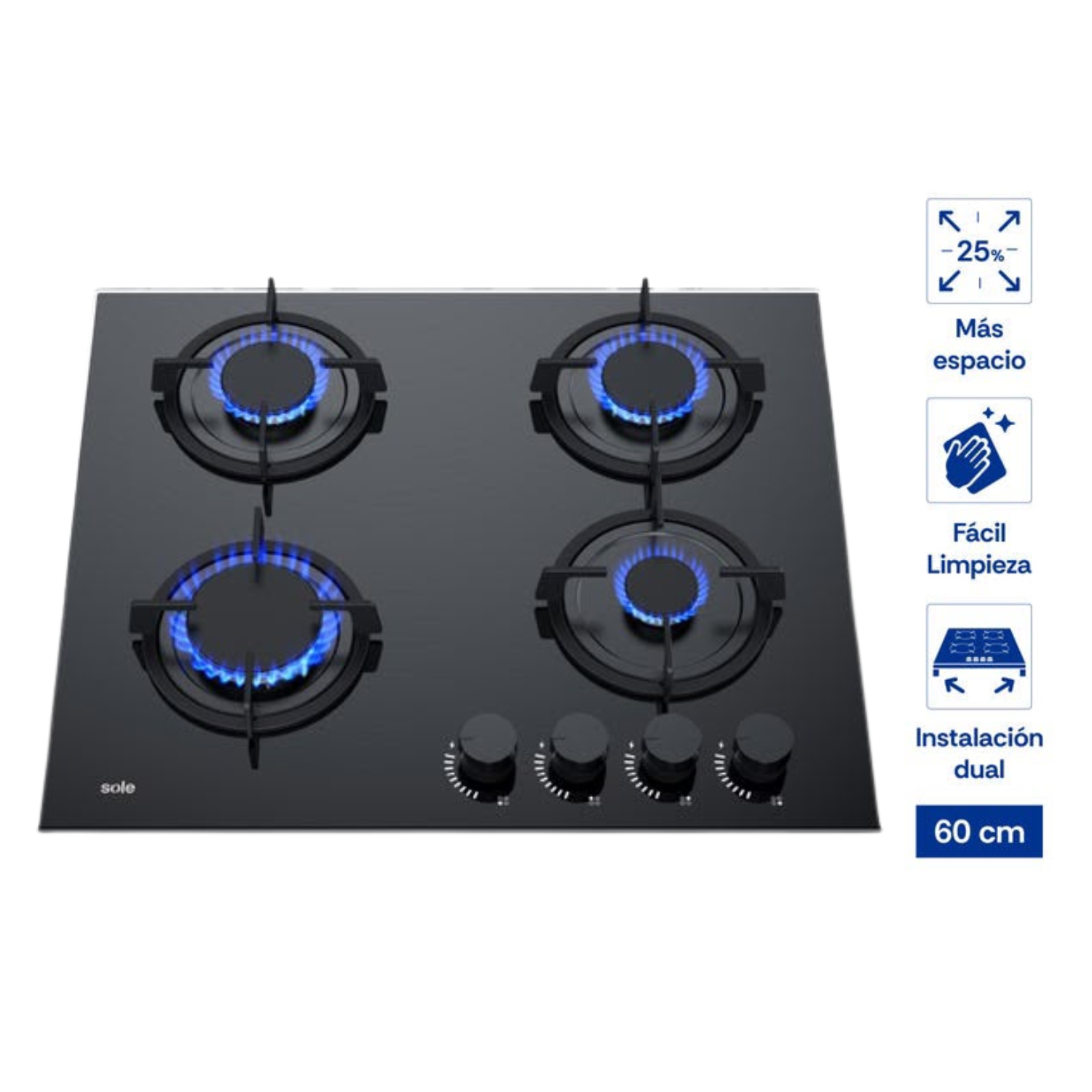 COMBO SOLE: COCINA EMPOTRABLE SOLCO049V2 4 HORNILLAS + CAMPANA EXTRACTORA 60CM NYX ACERO INOXIDABLE NEGRO - 6