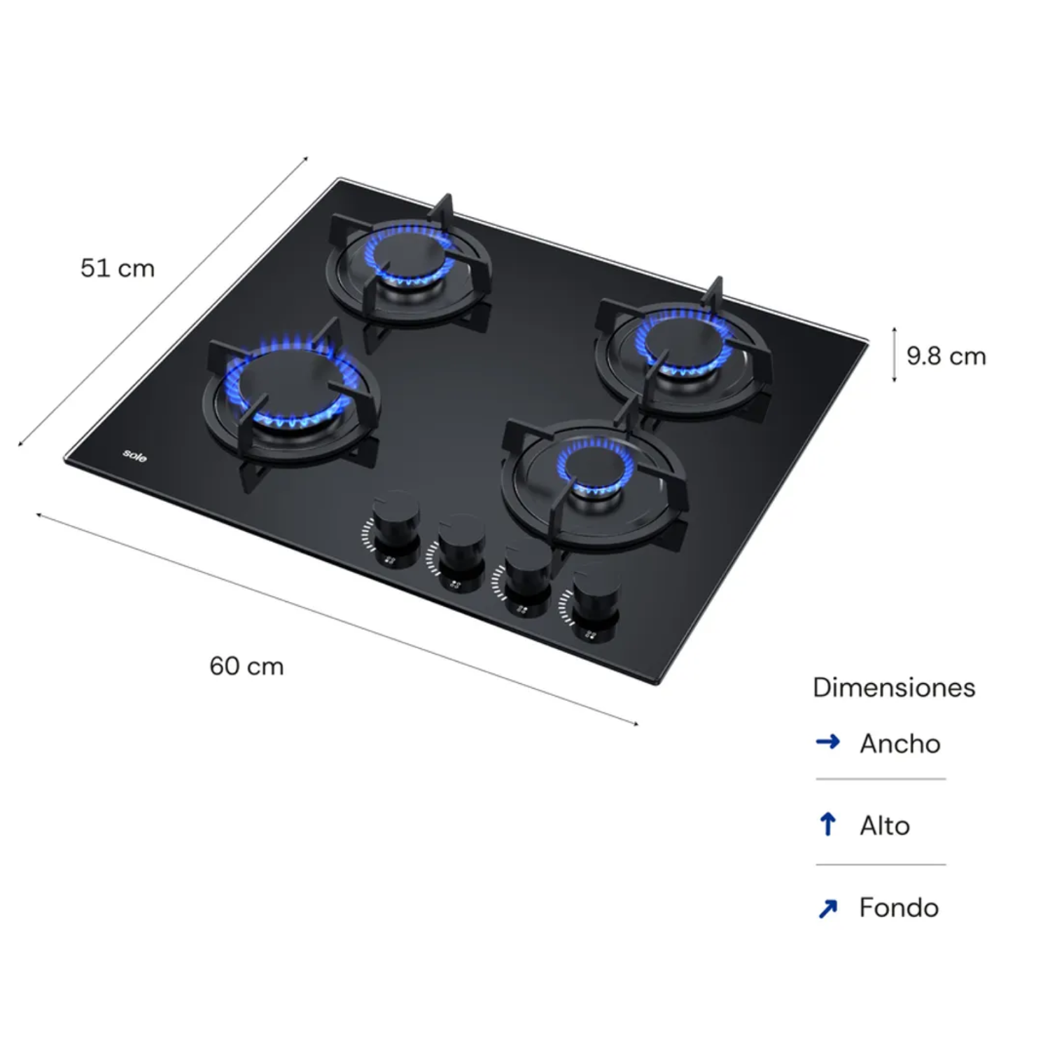 COMBO SOLE: COCINA EMPOTRABLE SOLCO049V2 4 HORNILLAS + CAMPANA EXTRACTORA 60CM NYX ACERO INOXIDABLE NEGRO - 7