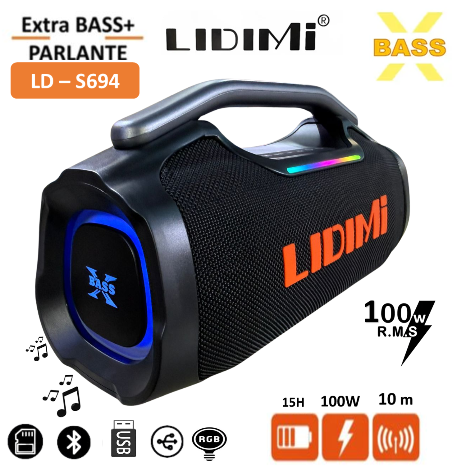 PARLANTE BLUETOOTH EXTRA BASS LIDIMI SUPER 100W LD-S694 USB LED RGB - 1