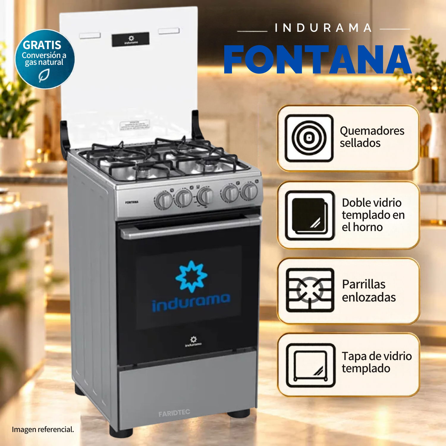 COCINA A GAS INDURAMA 4 HORNILLAS FONTANA - GRIS - 1