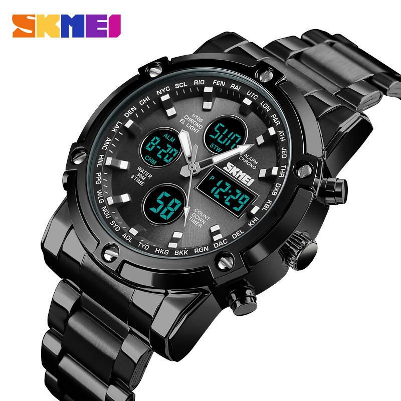 RELOJ SKMEI 1389 CORREA ACERO DIGITAL ANALOGO PARA CABALLERO DUAL TIME - 4