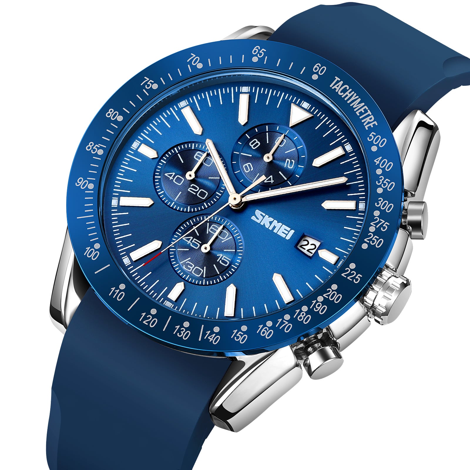 RELOJ SKMEI 9253 AZUL BORDES PLATEADOS CORREA SILICONA - 1