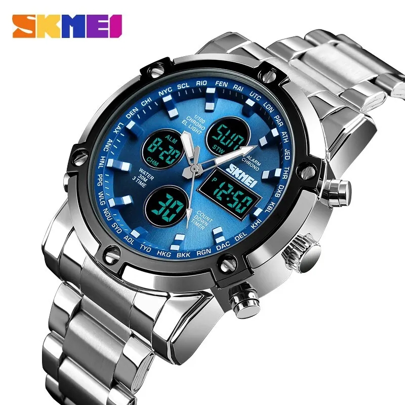RELOJ SKMEI 1389 PLATEADO FONDO AZUL CORREA ACERO - 1