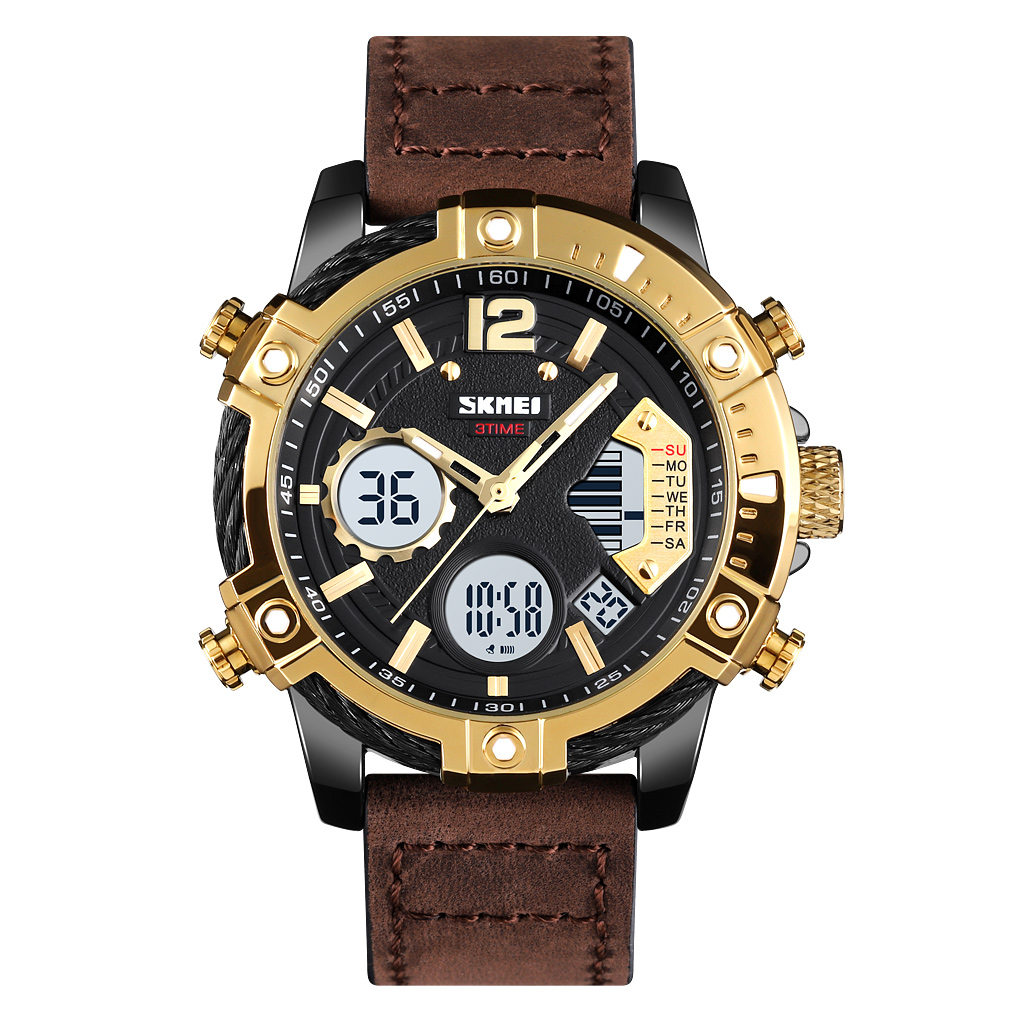 RELOJ SKMEI 1618 NEGRO CORREA CUERO MARRON DIGITAL ANALOGO - 1