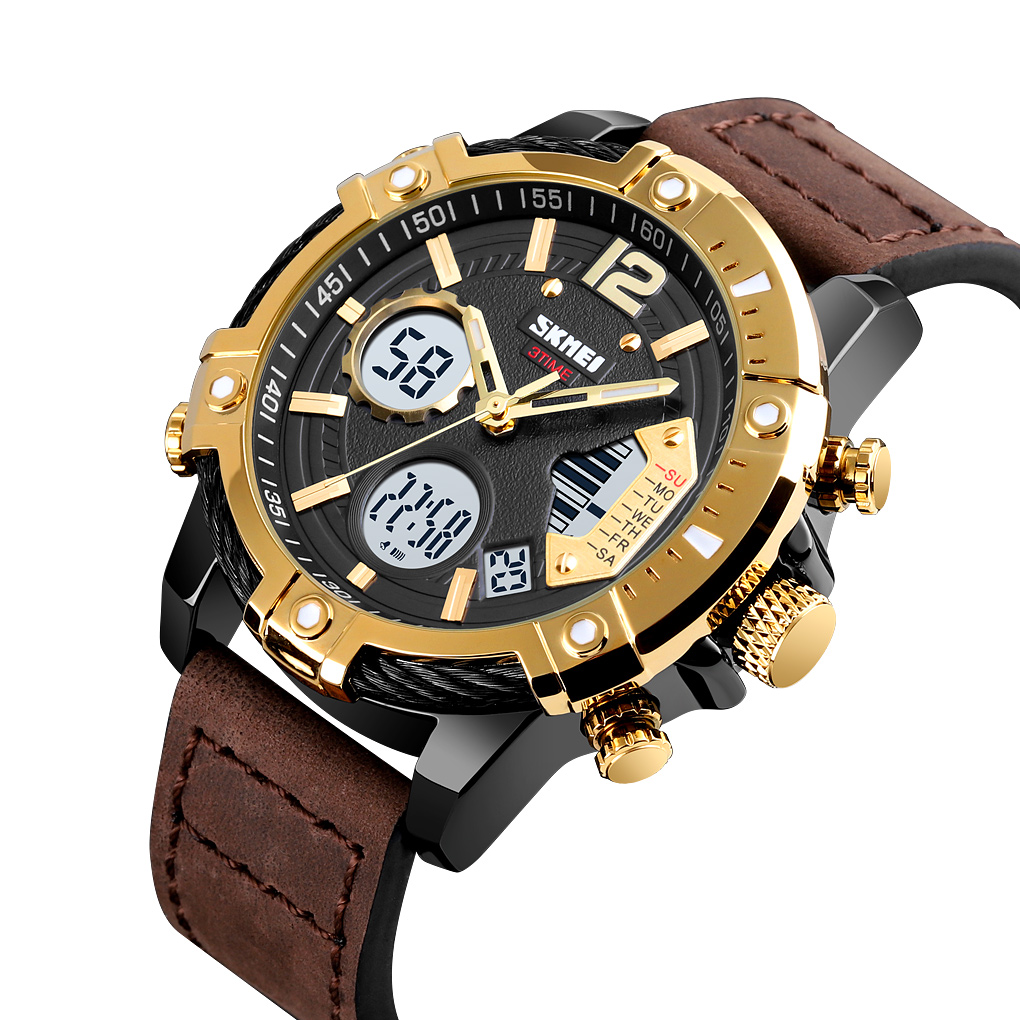 RELOJ SKMEI 1618 NEGRO CORREA CUERO MARRON DIGITAL ANALOGO - 2