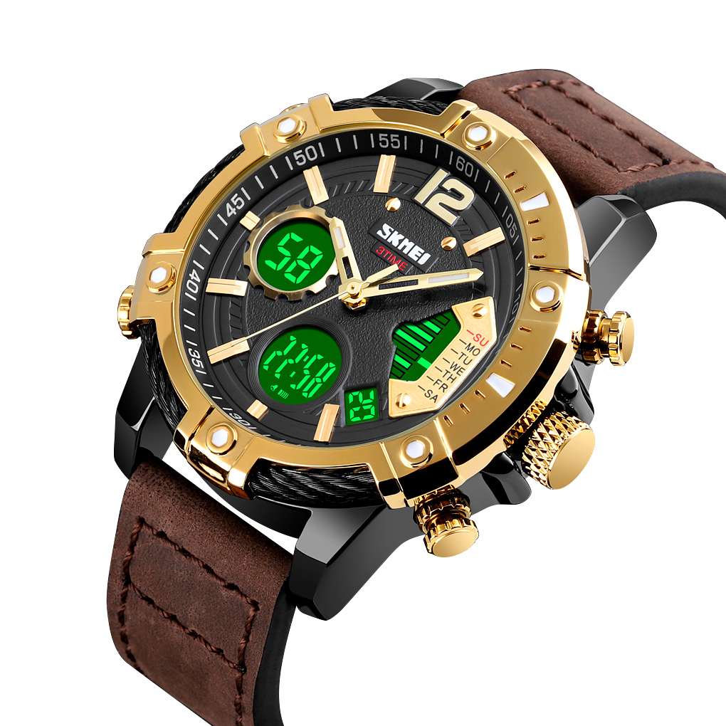 RELOJ SKMEI 1618 NEGRO CORREA CUERO MARRON DIGITAL ANALOGO - 3