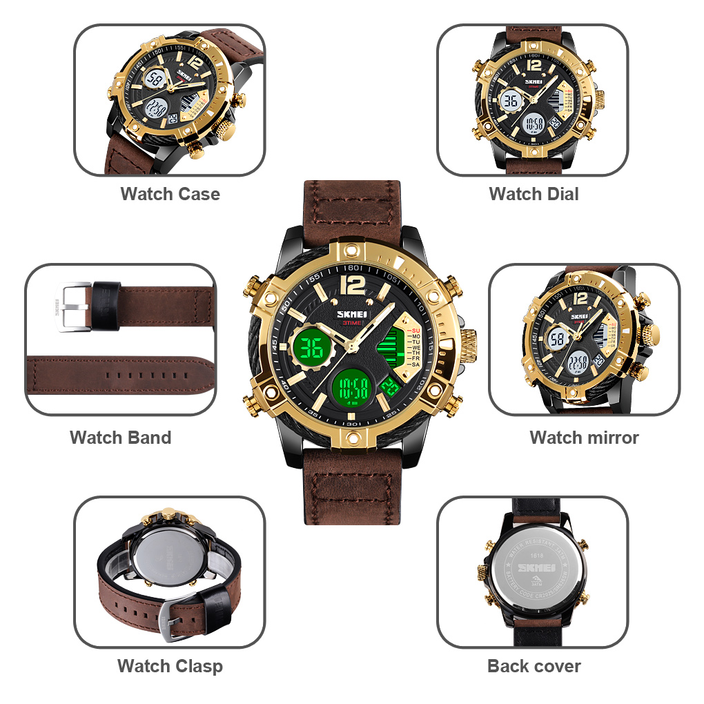 RELOJ SKMEI 1618 NEGRO CORREA CUERO MARRON DIGITAL ANALOGO - 4
