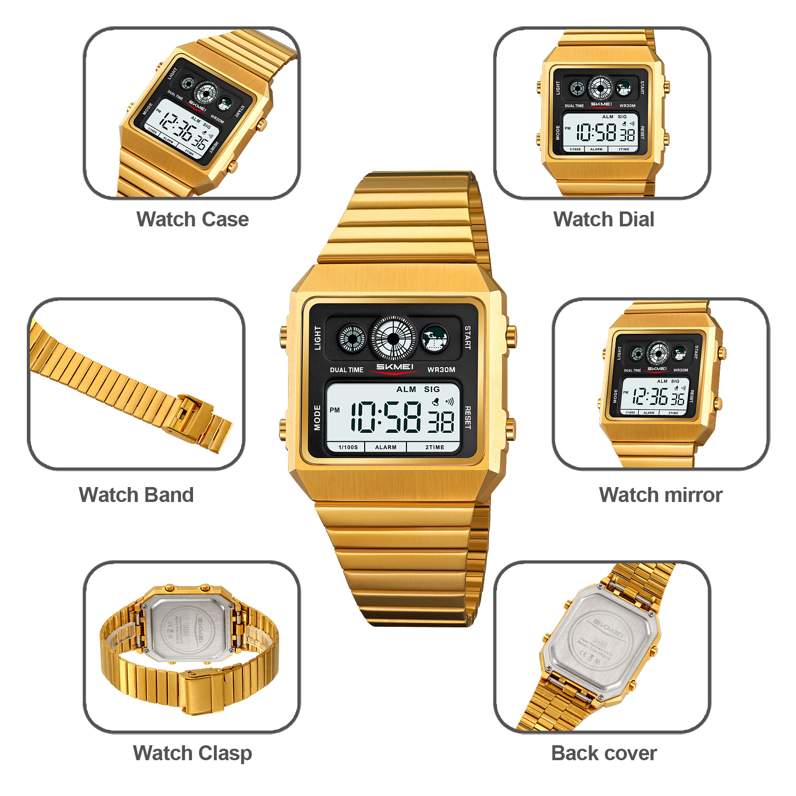 RELOJ SKMEI 2450 PLATEADO Y DORADO UNISEX DIGITAL - 4