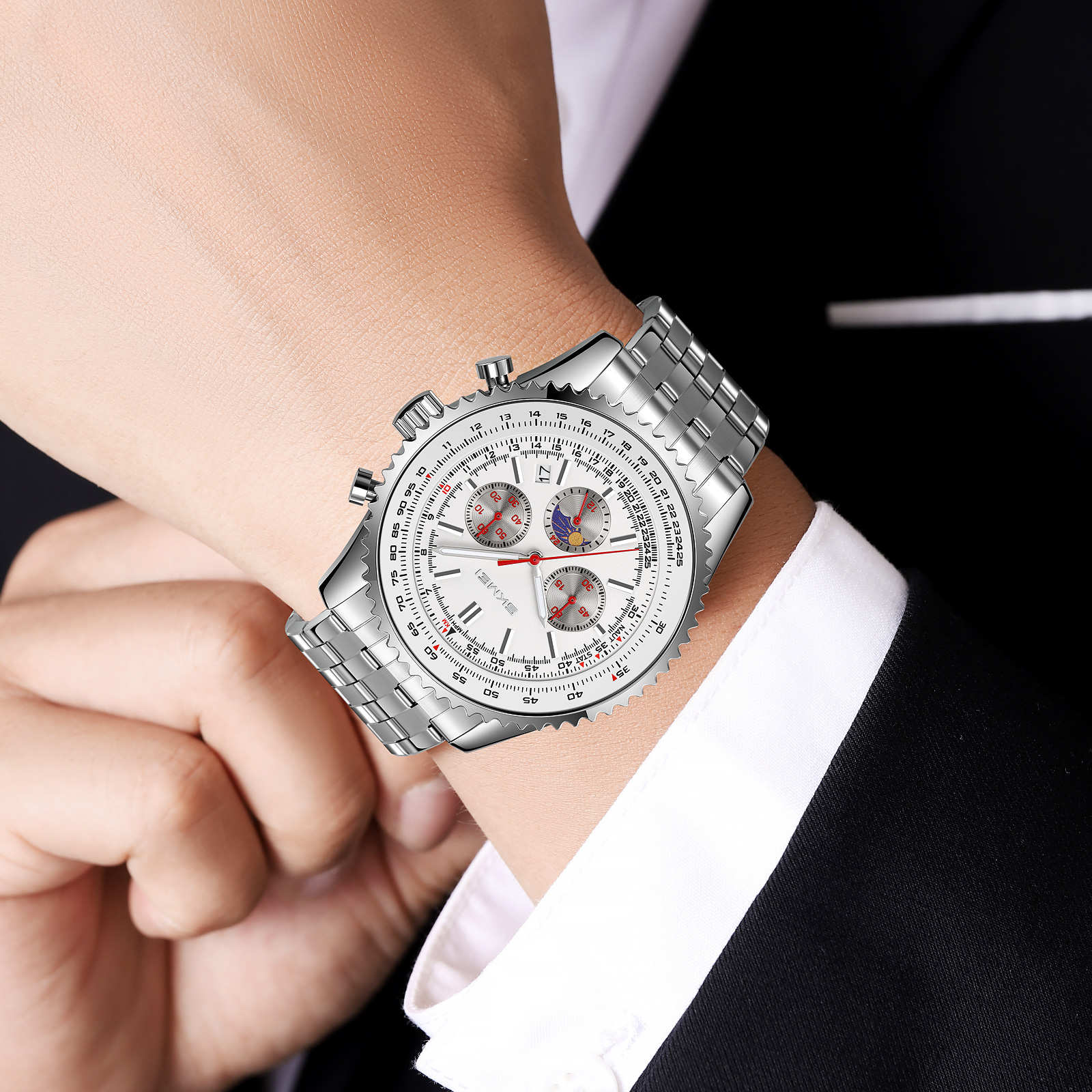 RELOJ SKMEI 9348 PLATEADO MOON PHASE CRONÓMETRO - 1
