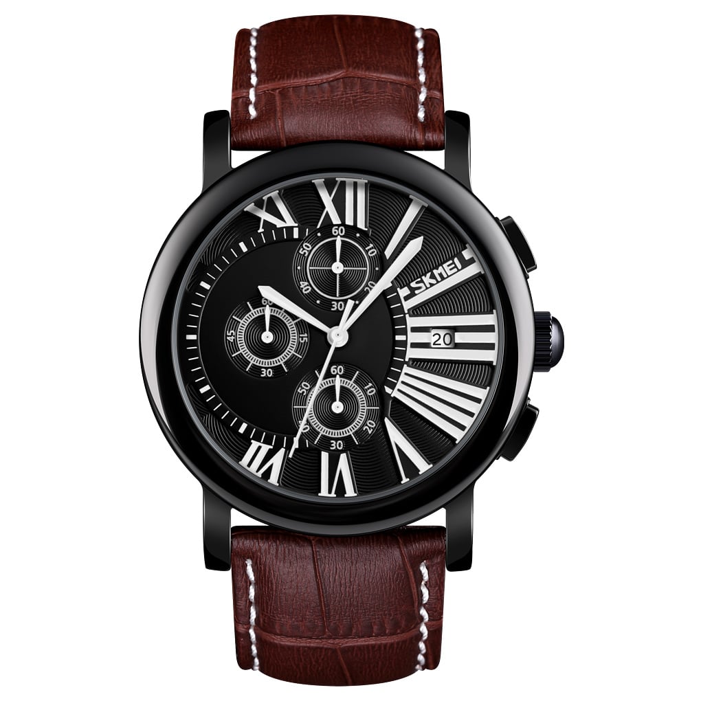 RELOJ SKMEI 9196 MARRÓN FONDO NEGRO DETALLES BLANCOS CRONOGRAFO - 1