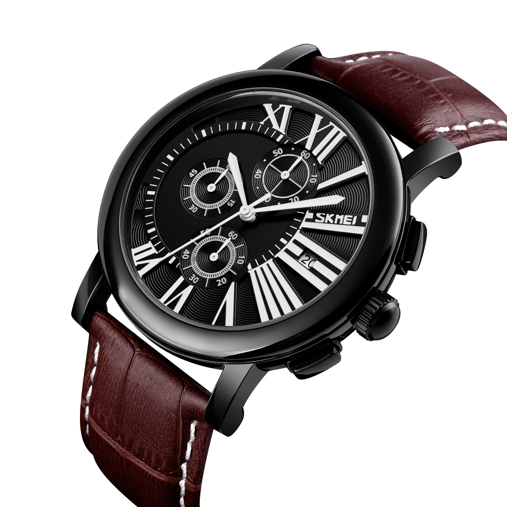 RELOJ SKMEI 9196 MARRÓN FONDO NEGRO DETALLES BLANCOS CRONOGRAFO - 2