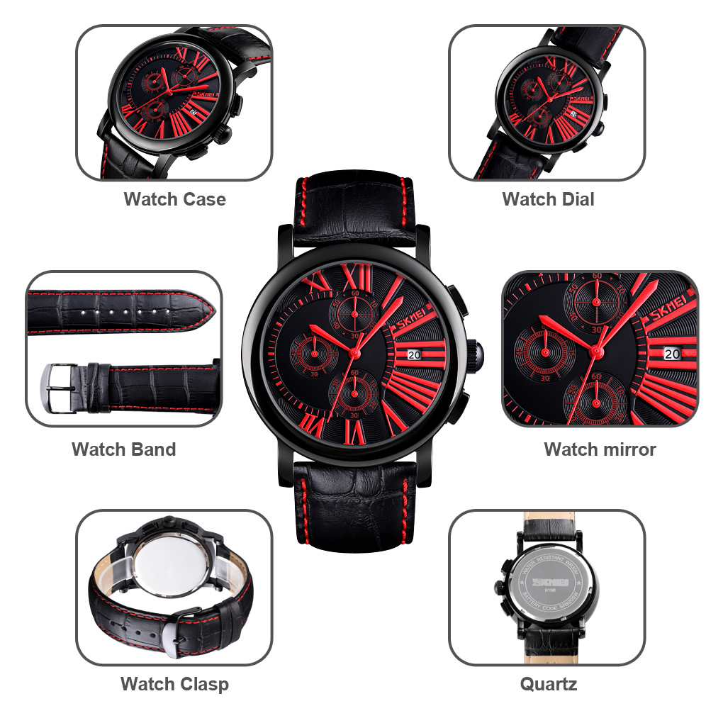 RELOJ SKMEI 9196 NEGRO CON DETALLES ROJOS CRONOGRAFO - 4