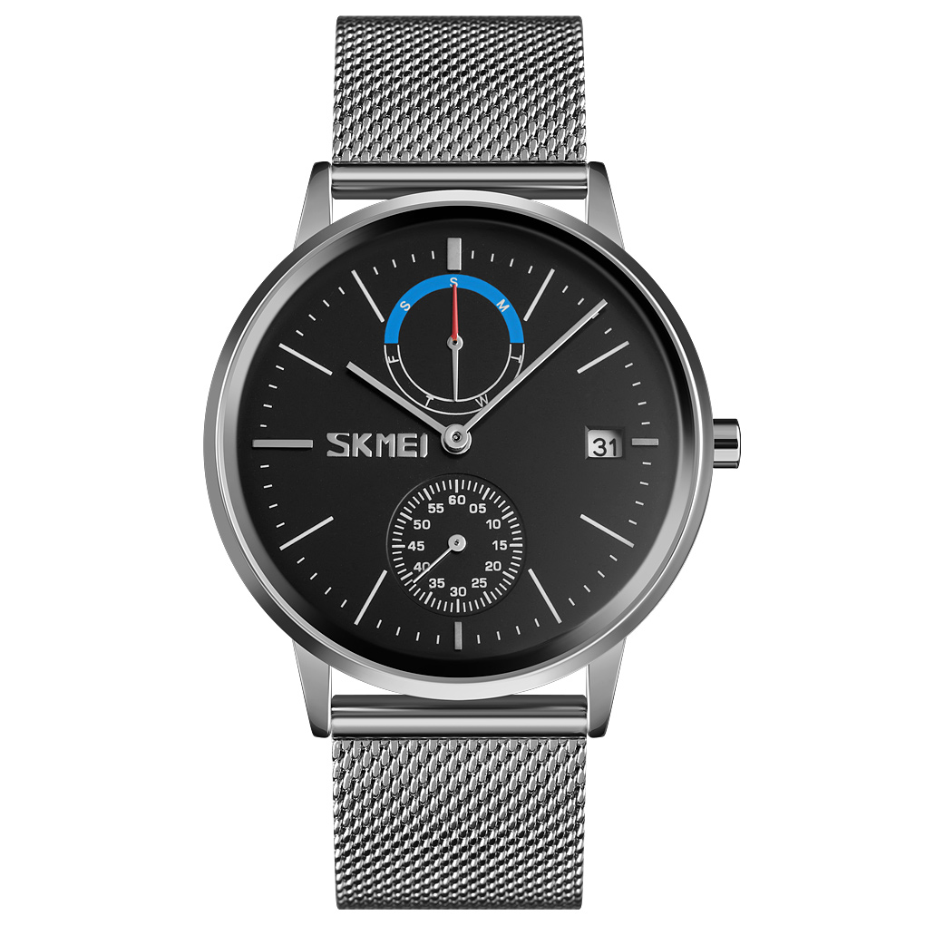 RELOJ SKMEI 9182 PLATEADO FONDO NEGRO CORREA ACERO - 1