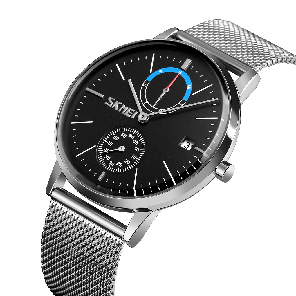 RELOJ SKMEI 9182 PLATEADO FONDO NEGRO CORREA ACERO - 2