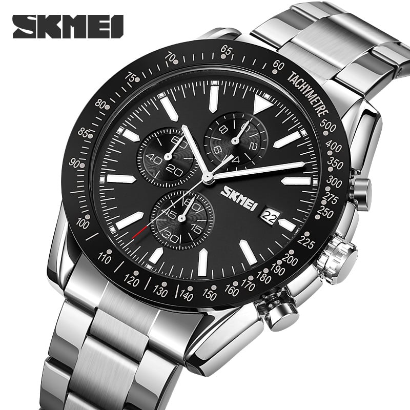RELOJ SKMEI 9253 NEGRO BORDES PLATEADOS CORREA ACERO - 1