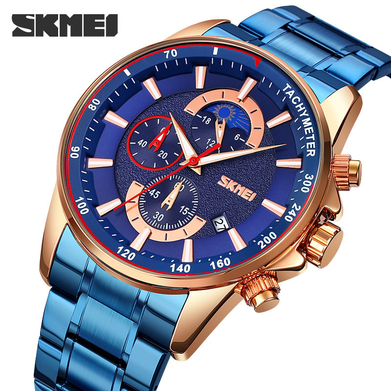 RELOJ SKMEI 9250 AZUL DETALLES ORO ROSA CRONÓMETRO - 1