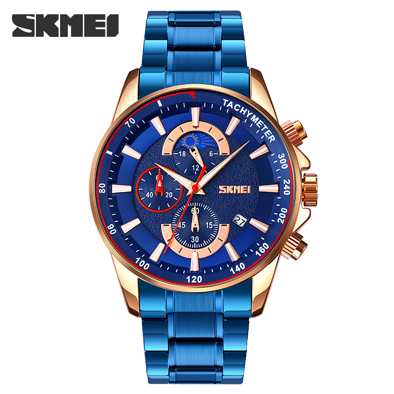 RELOJ SKMEI 9250 AZUL DETALLES ORO ROSA CRONÓMETRO - 2