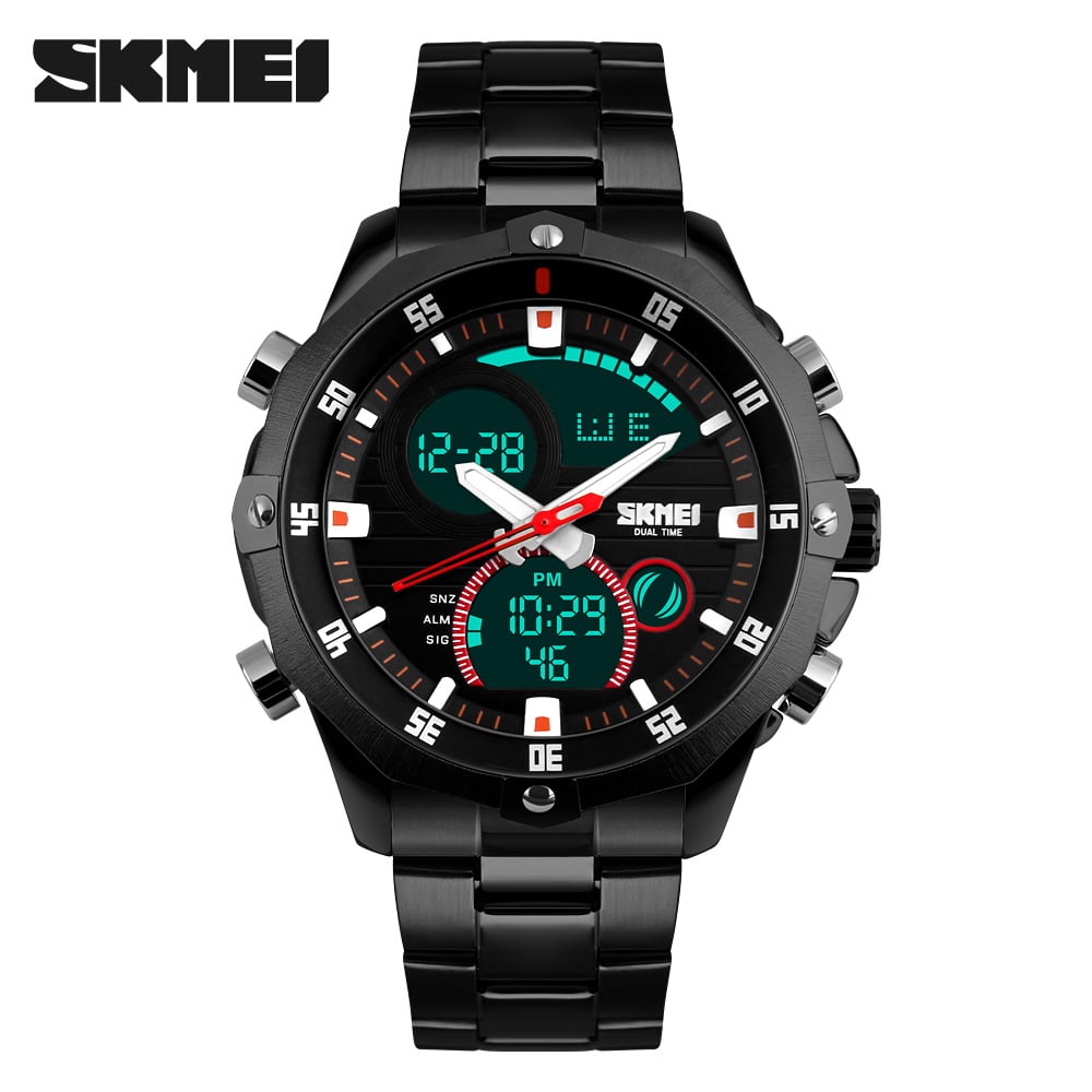 RELOJ SKMEI 1146 NEGRO GIRATORIO CORREA ACERO DIGITAL ANALOGO - 1