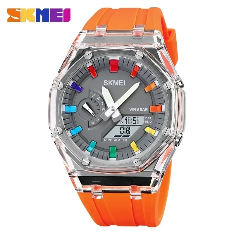 RELOJ SKMEI 2100 NARANJA CORREA SILICONA HORA MUNDIAL - 1