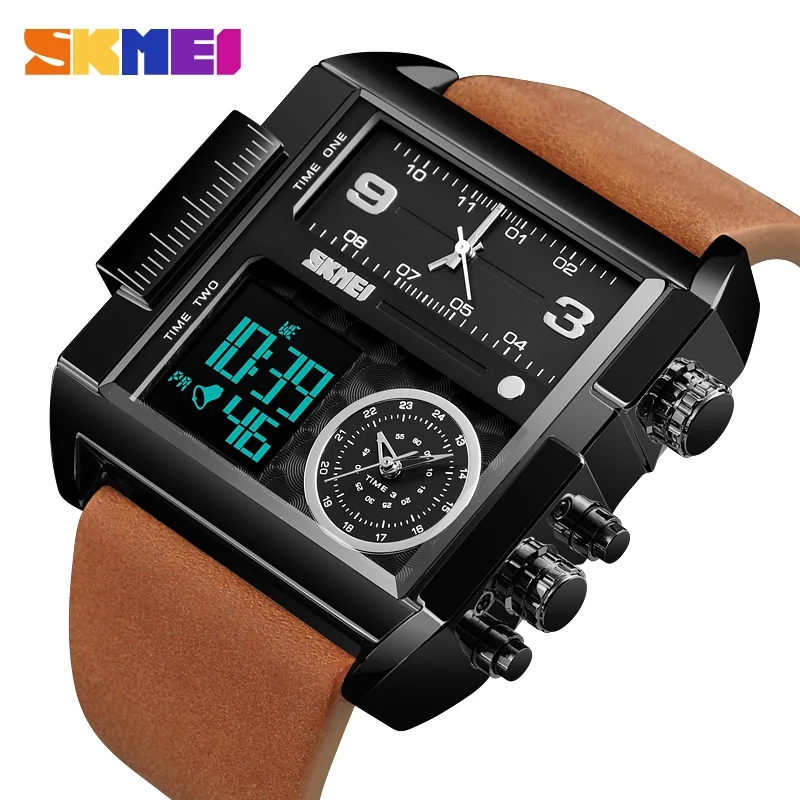 RELOJ SKMEI 1391 NEGRO CORREA MARRÓN DIGITAL ANALOGO MULTIFUNCIÓN - 1