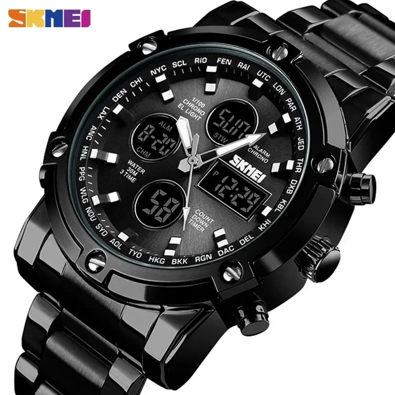 RELOJ SKMEI 1389 NEGRO CORREA ACERO DIGITAL ANALOGICO ANALOGO - 1