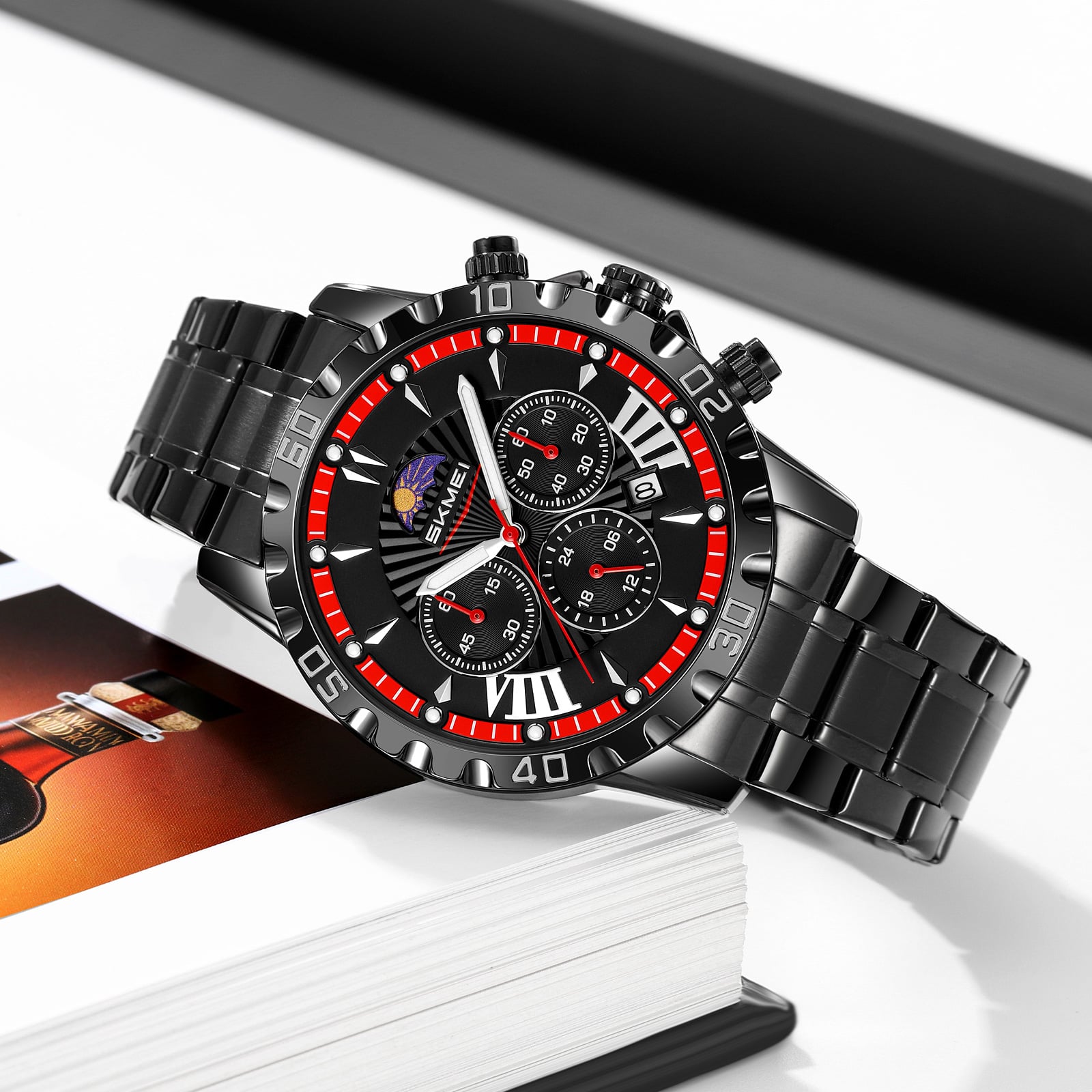 RELOJ SKMEI 9352 FASE LUNAR NEGRO CORREA ACERO ANALOGO - 3