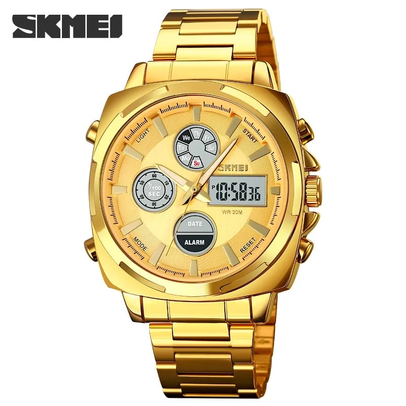 RELOJ SKMEI 1673 DORADO CORREA ACERO DIGITAL ANALOGO - 1
