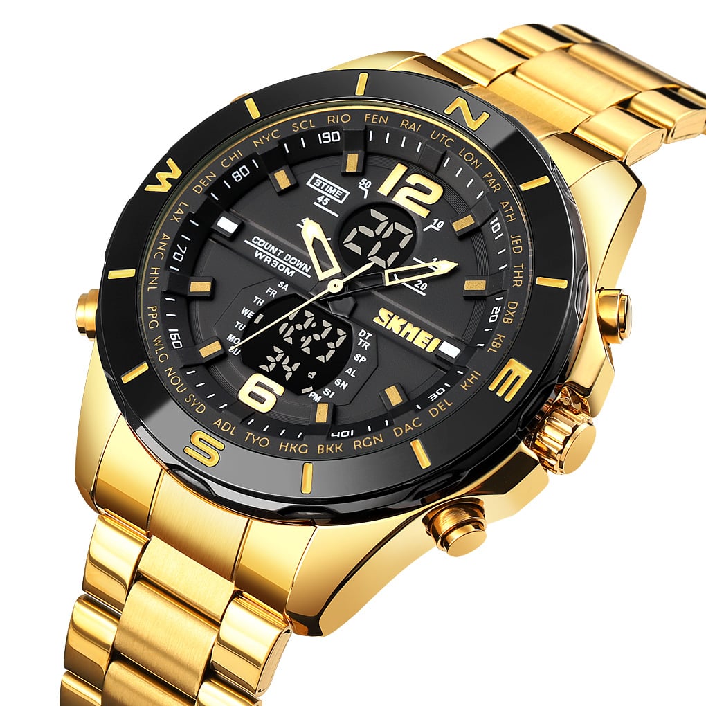 RELOJ SKMEI 1670 DORADO FONDO NEGRO ANALOGICO DIGITAL - 1