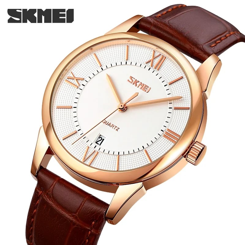 RELOJ SKMEI 9261 ORO ROSA CORREA MARRÓN DE CUERO - 1