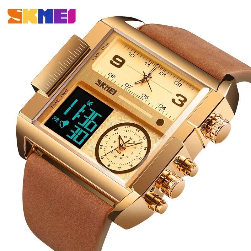 RELOJ SKMEI 1391 DORADO CORREA MARRÓN DIGITAL ANALOGO MULTIFUNCIÓN - 1