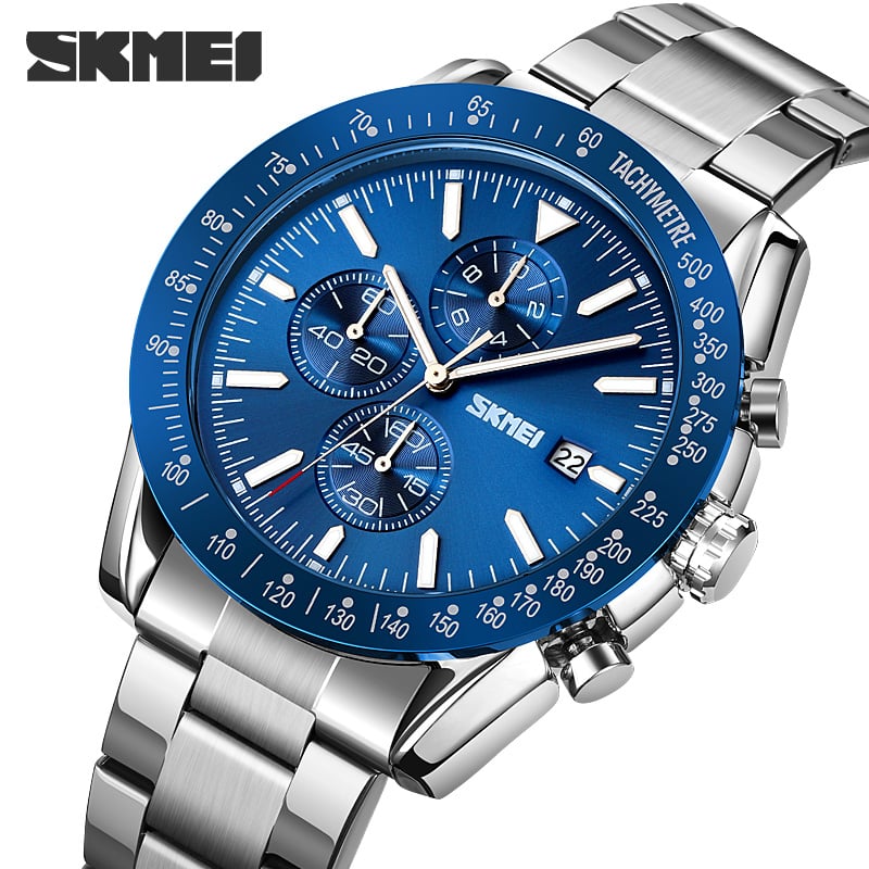 RELOJ SKMEI 9253 AZUL BORDES PLATEADOS CORREA ACERO - 1