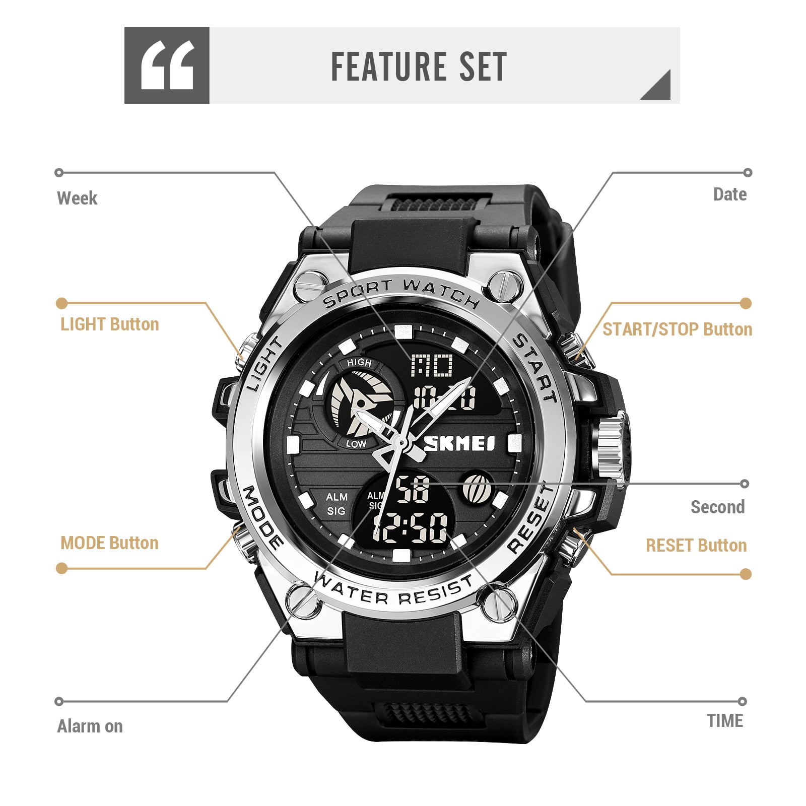 RELOJ SKMEI 2031 NEGRO BORDES PLATA CORREA SILICONA PARA CABALLERO - 3