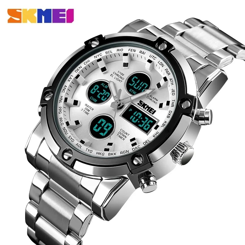 RELOJ SKMEI 1389 PLATEADO CORREA ACERO DIGITAL ANALOGICO ANALOGO - 1