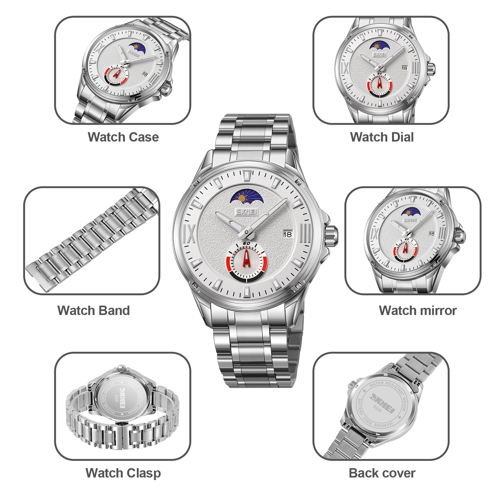RELOJ SKMEI 9326 MOON PHASE ANALOGO CORREA ACERO PARA CABALLERO - 1