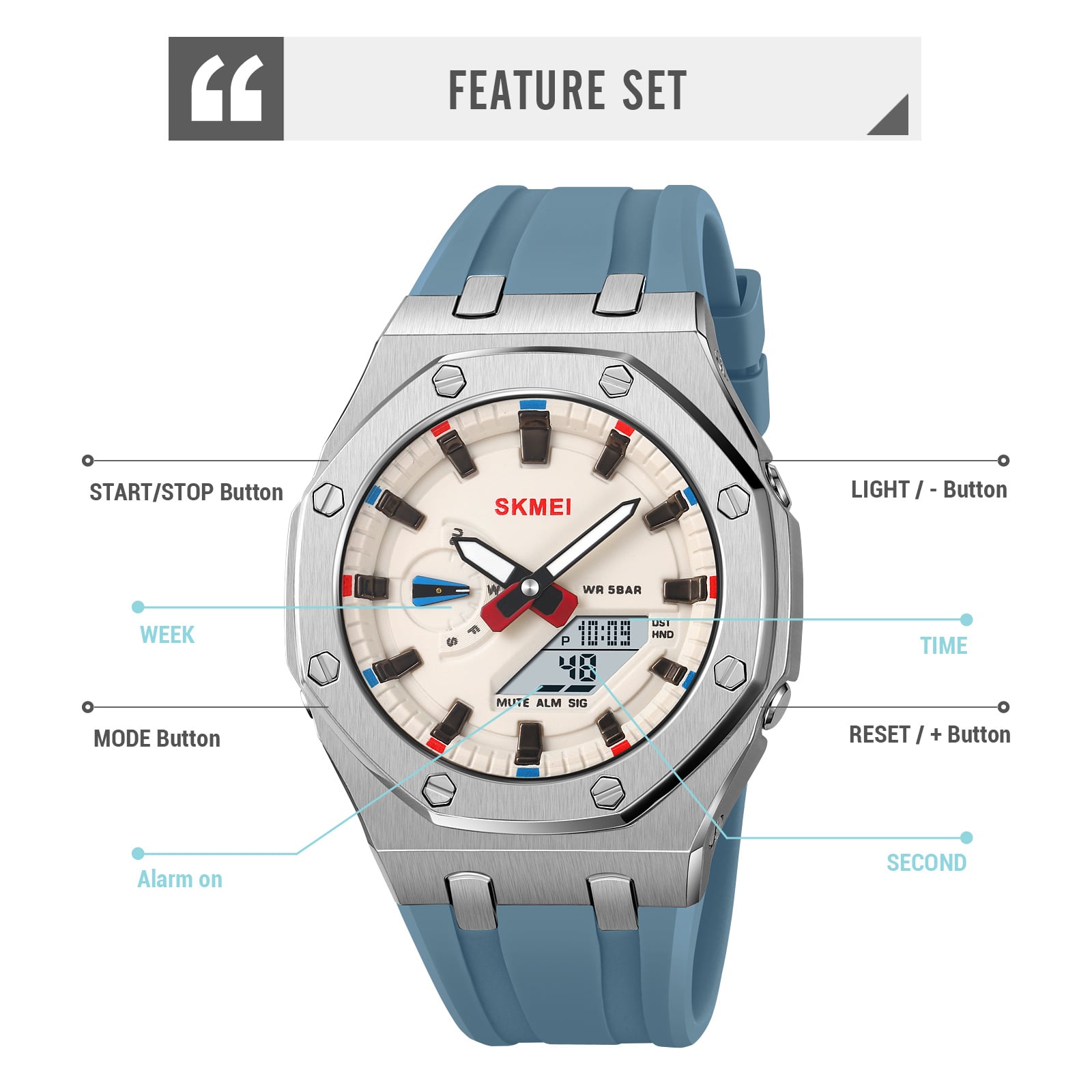RELOJ SKMEI 2243 CELESTE CORREA SILICONA HORA MUNDIAL - 2