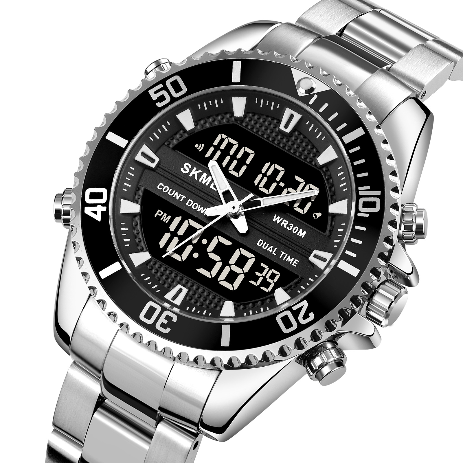 RELOJ SKMEI 1850 PLATEADO FONDO NEGRO DUAL ACERO - 1